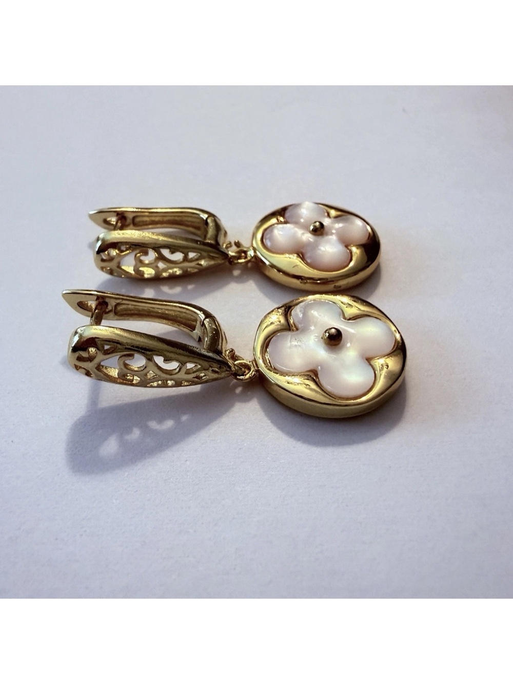 Louis Vuitton Gold-filled and White Flower Huggie Drop Earrings, Upcycled